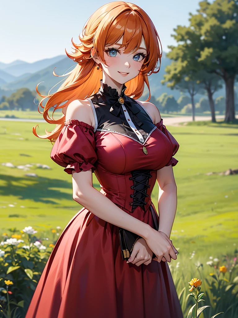 (solo), (red dress), (victorian dress), (smile), pale skin, (pale), outdoors, large breasts, happy, radiant glow, ((cowboy shot)), (holy aura), orange hair, ginger hair, bare shoulders, greenlands, open plains for background