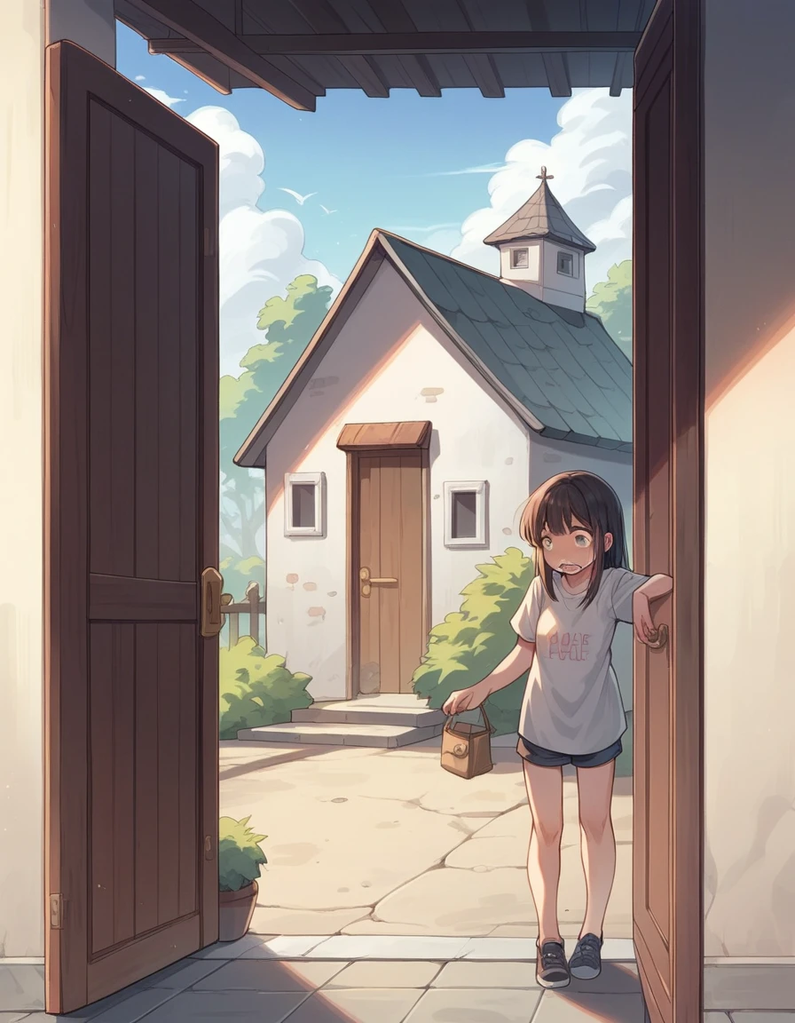 An -yeld gistands in front of the door of a house and knocks on it. She is very, very afraid and crying intensely. She is wearing only a T-shirt and no pants. Her T-shirt does not cover her private parts because she is short.