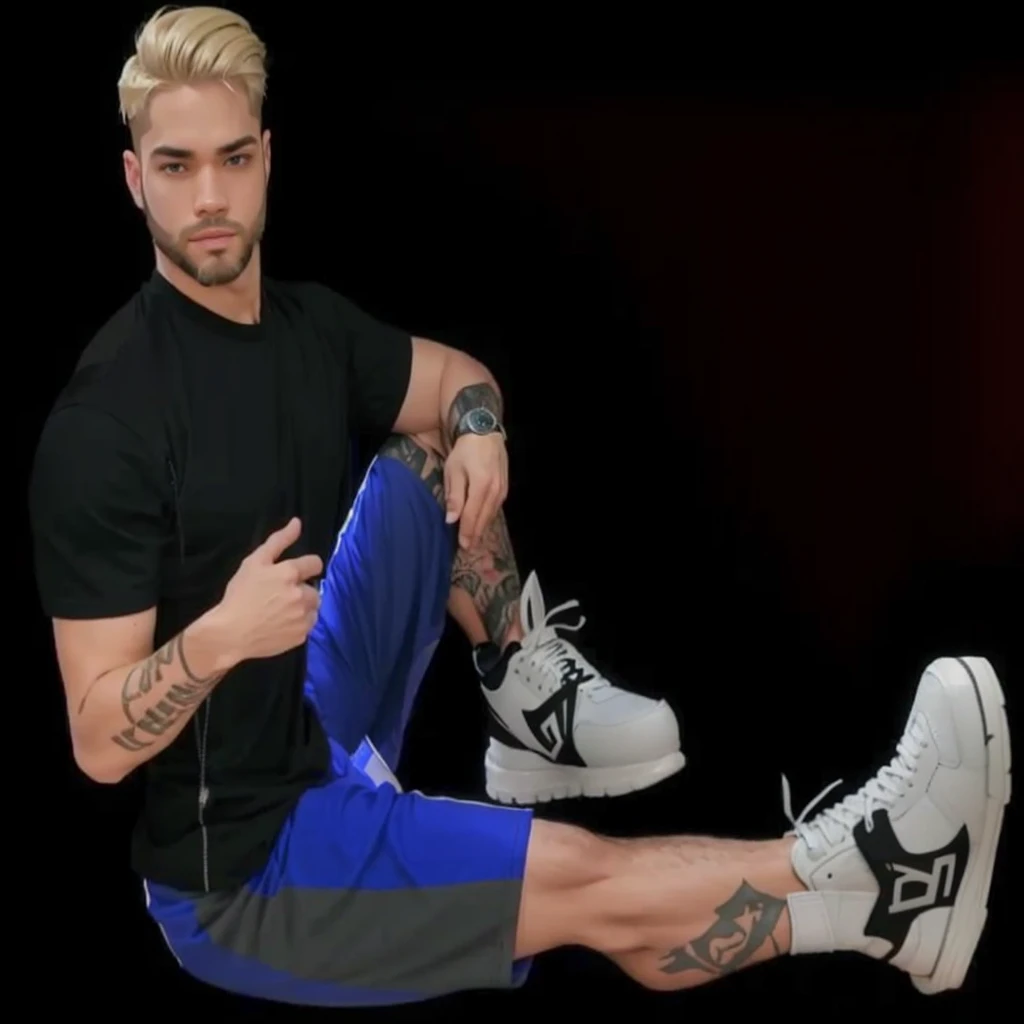 A fair-skinned man with short blond hair, with black shirt, with blue shorts and white sneakers