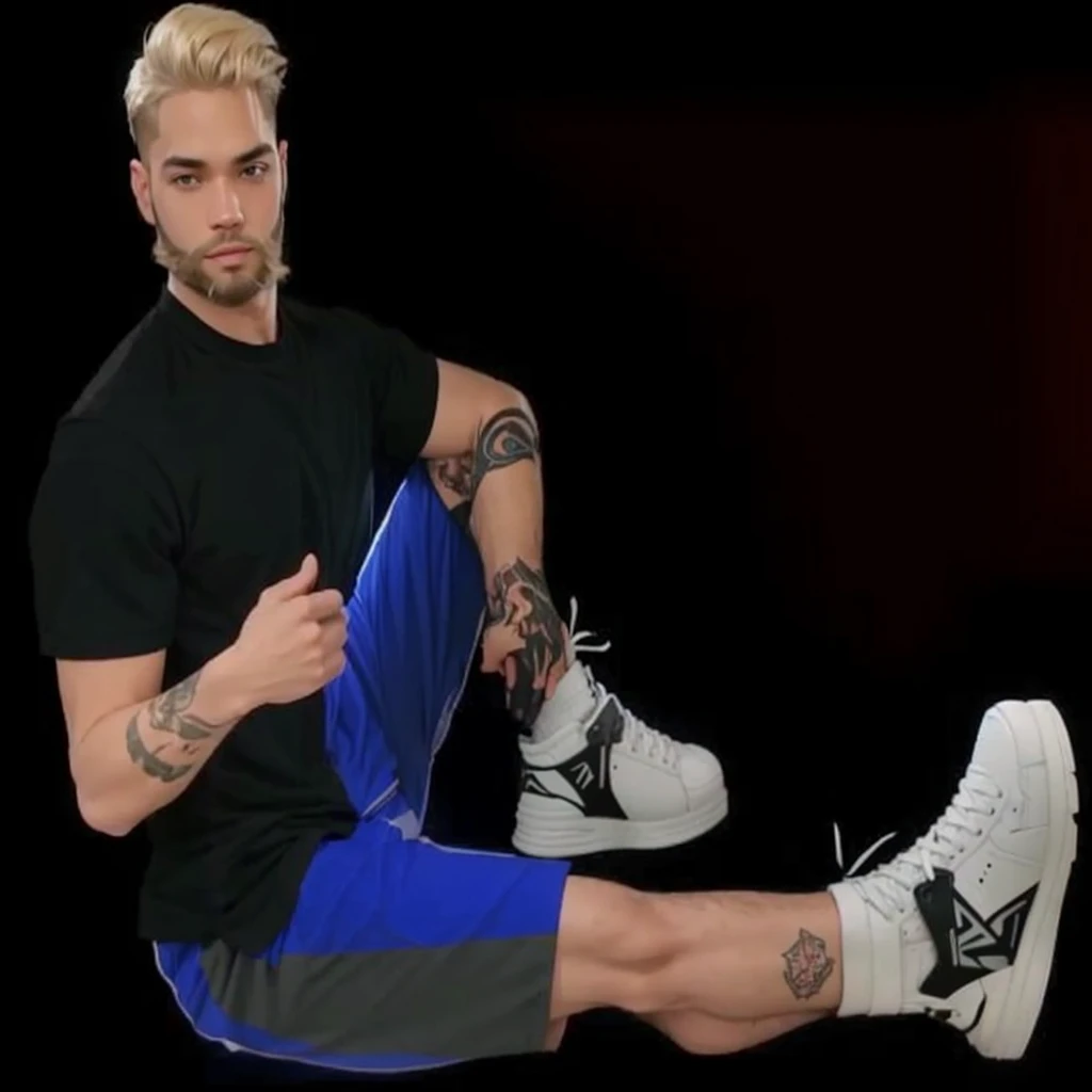 A light-skinned man, with short blonde hair, with beard, with black shirt, with blue shorts and white sneakers