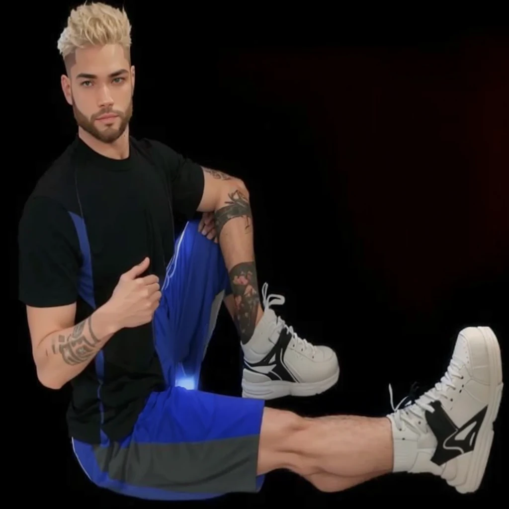 A light-skinned man, with short blonde hair, with beard, with black shirt, with blue shorts and white sneakers