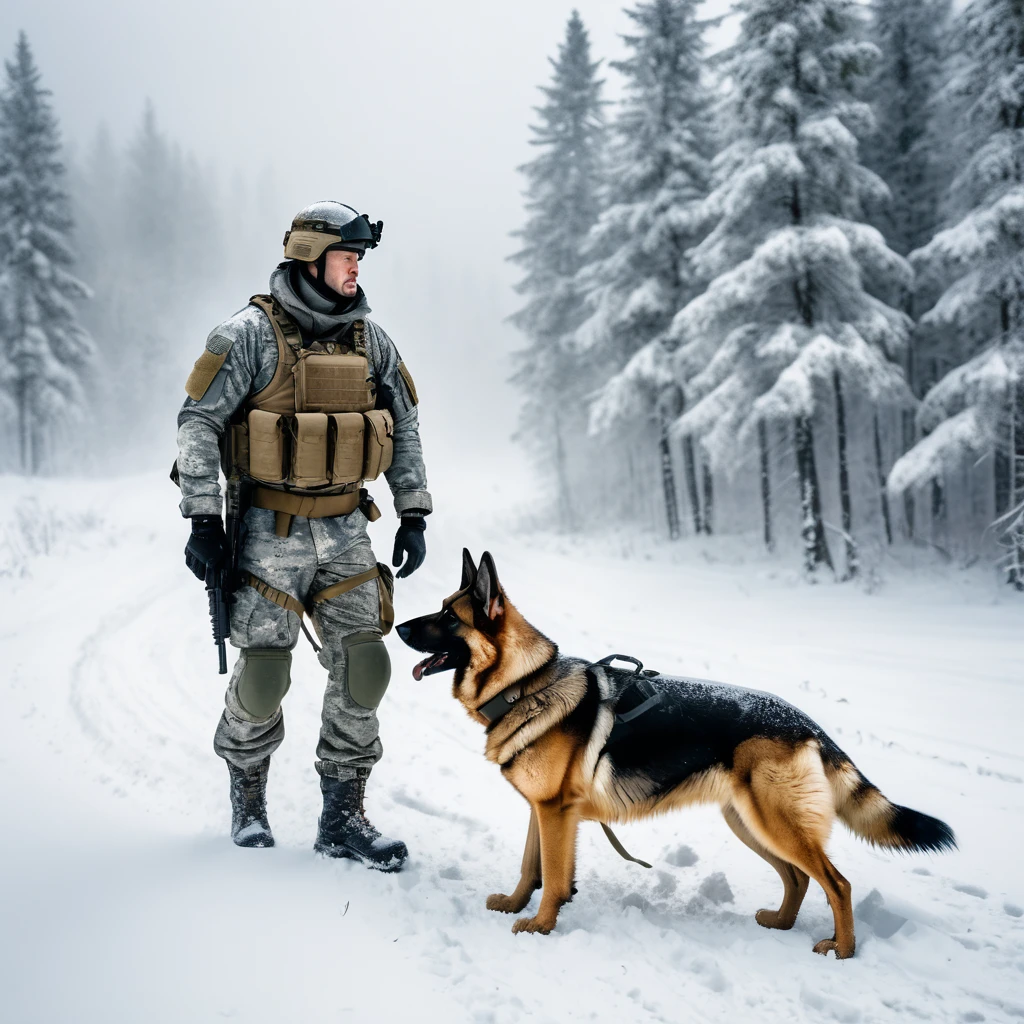 a military operator of a K-9 unit wearing a winter uniform on patrol with a German Shepherd dog. They are looking in the same direction. Heavy snow. blowing wind. extremely cold temperature. light fog. backcountry. dramatization.