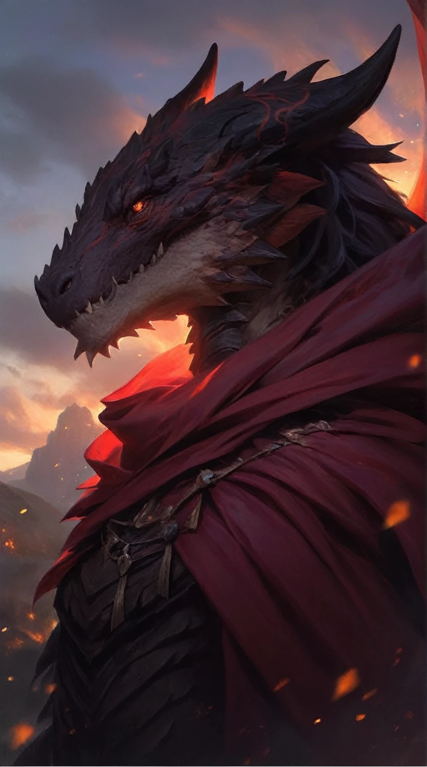 a close-up of a dragon with a cape in a field, portraite de dragão, portraite épico de RPG, High quality DND illustration, High-quality, detailed artwork in 8K, hyperrealistic d & of fantasy art, d&d dragon art commission, epic fantasy art style, anthropo dragon art, portraite de masmorras e dragões, 4k fantasy artwork, d&portraite