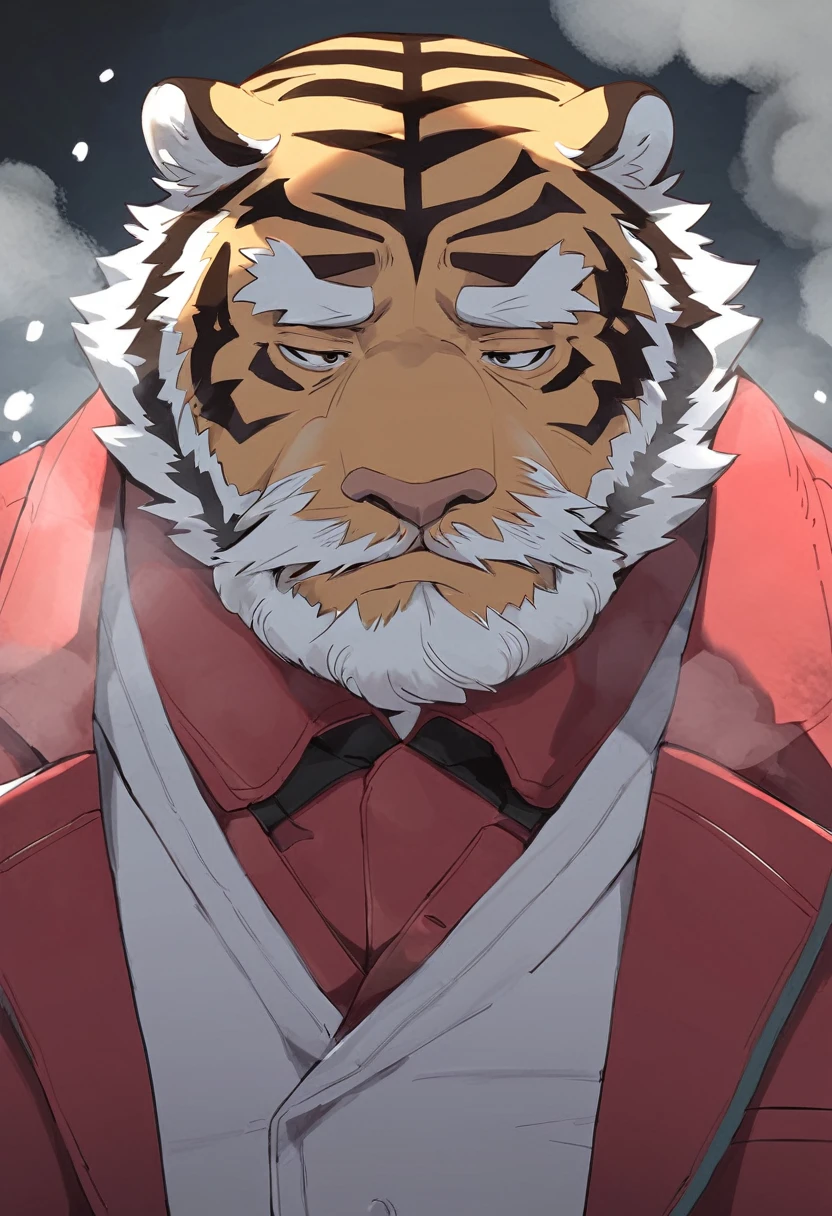 Tiger,personification,Mature male,Bad Uncle,beard,Cold expression,Black pupil,Black eyebrows,red suit,Hands in pockets,The Age of Steam,Light Snow。