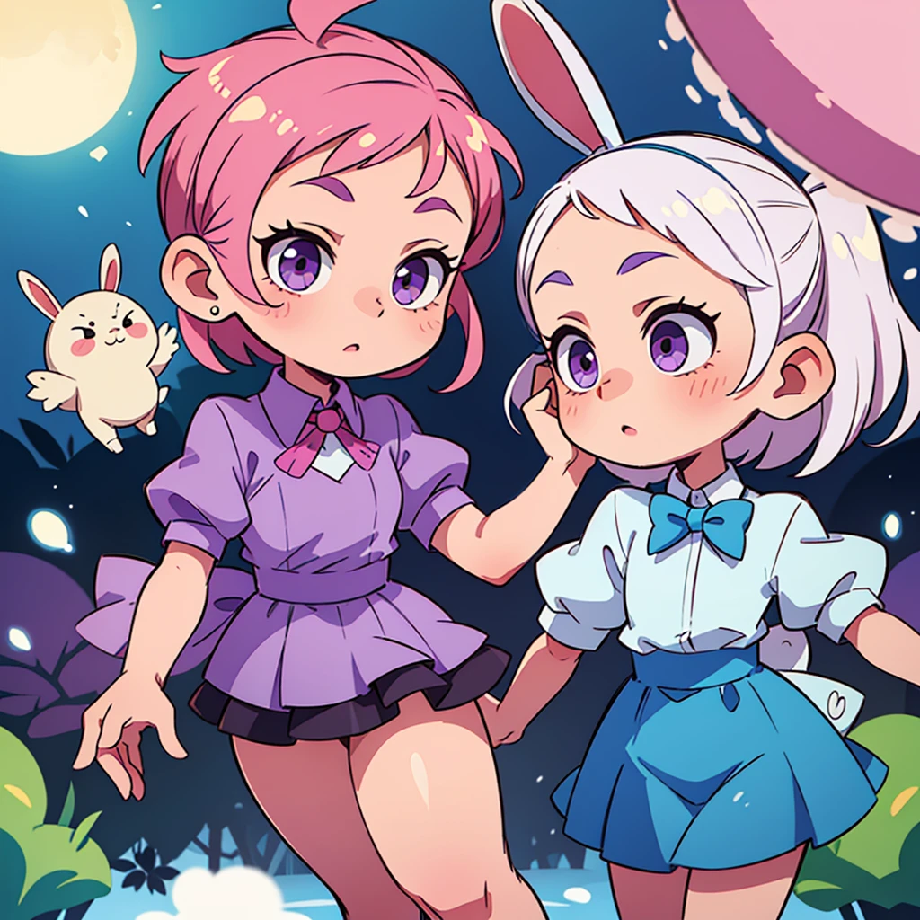A cute little , 5 years old, wee,  with short white hair, with pink highlights, big and purple eyes, blue dress and bunny ears
