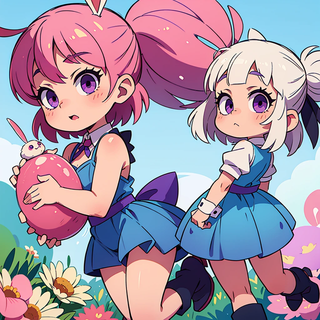 A cute little , 5 years old, wee, with short white hair, with pink highlights, big and purple eyes, blue dress and bunny ears