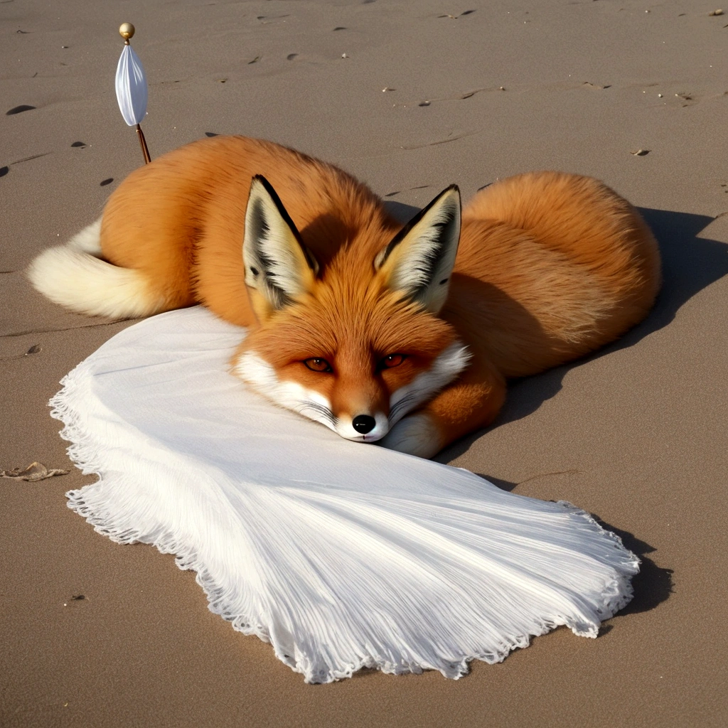 fox lying on the beach, parasol, Bambada, There is only one moon