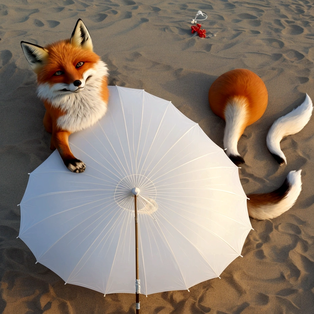 fox lying on the beach, parasol, Bambada, There is only one moon