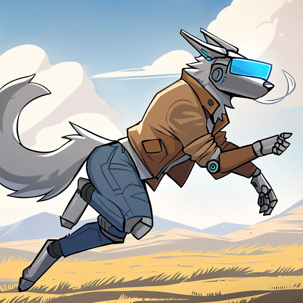 canid, canine, canis, mammal, mythological_canine, were, werecanid, werecanine, dog, robot_dog, metal_body, metal_fur, grey_nose, blue_visor, brown_jacket, ripped_jeans, grasslands_background, clear_sky, side_view, far_view, running_foward, blowing_wind, male, fingers, fluffy, fluffy_tail, fur, thin_anthro, full_body, solo, digital_media_(artwork), hi_res, masterpiece,