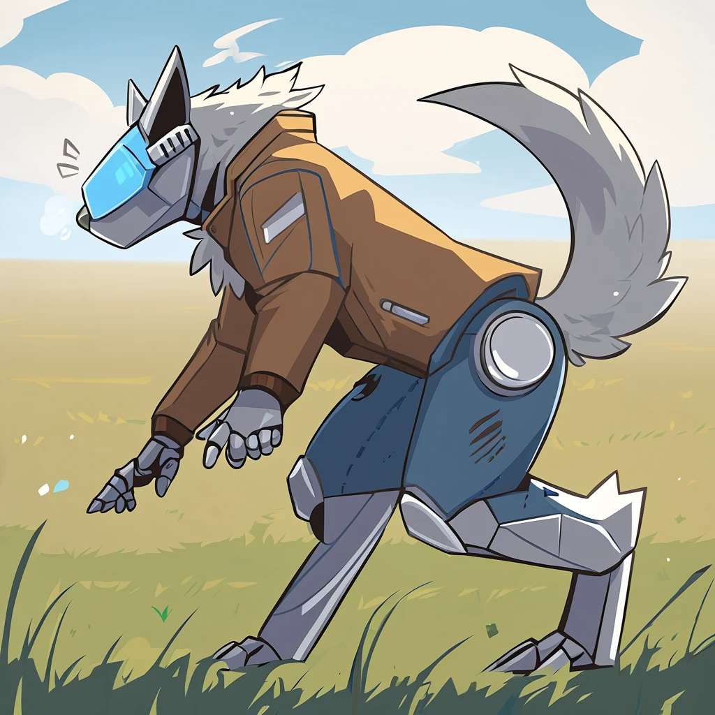 canid, canine, canis, mammal, mythological_canine, were, werecanid, werecanine, dog, robot_dog, metal_body, metal_fur, grey_nose, blue_visor, brown_jacket, ripped_jeans, grasslands_background, clear_sky, side_view, far_view, running_foward, blowing_wind, male, fingers, fluffy, fluffy_tail, fur, thin_anthro, full_body, solo, digital_media_(artwork), hi_res, masterpiece,