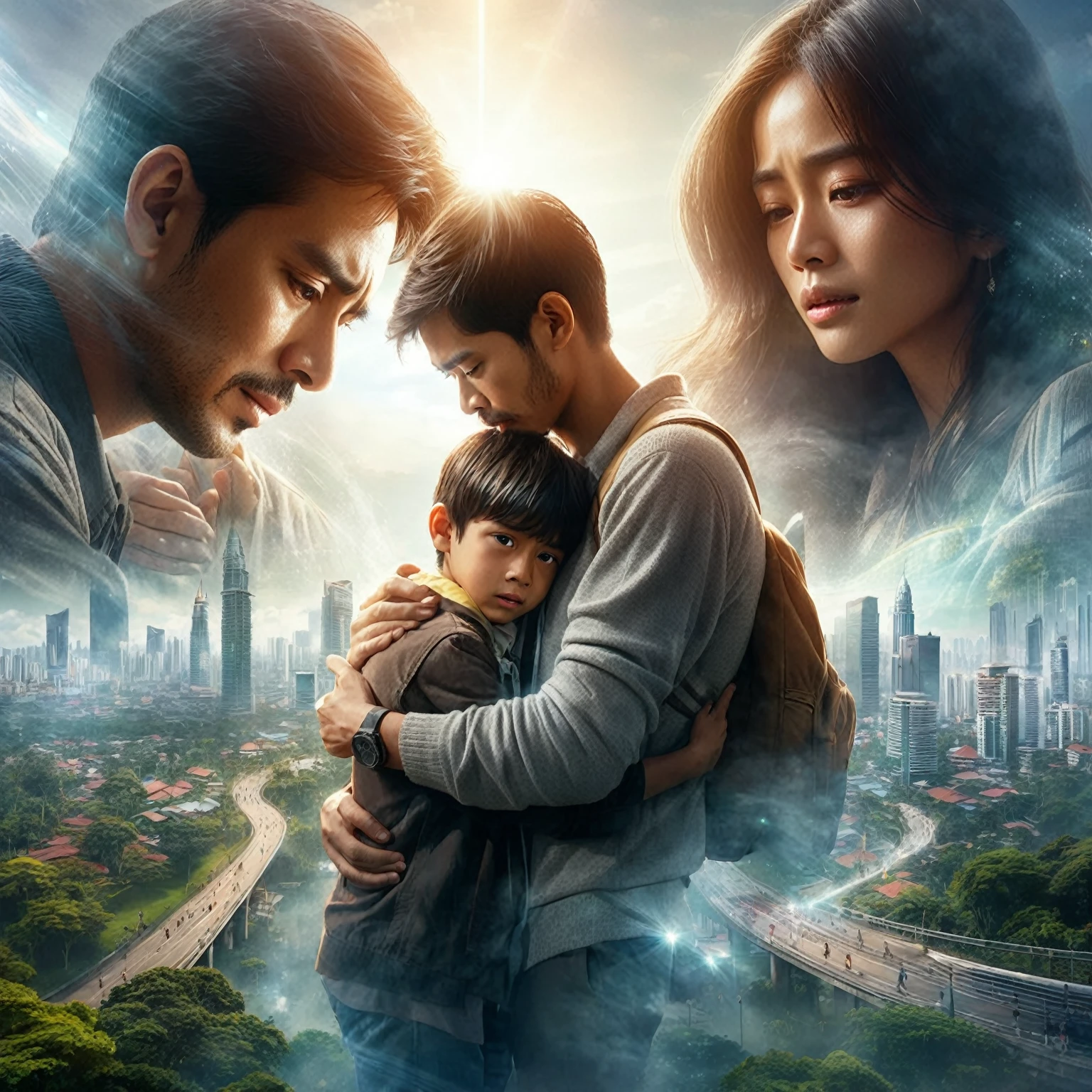 Indonesian romance film poster, about long distance love, close up shot of a man and a 10 year old boy walking in a park while hugging, in the background there is a woman with long hair crying trying to reach at of them, they are gaze at the camera, focus on faces, stunning depiction of a realism surreal film poster, Amazing abstract background with the shadow of a malay city, lens flare, fogging effect, photorealistic, realistic human, UHD 1536px, high quality photos.