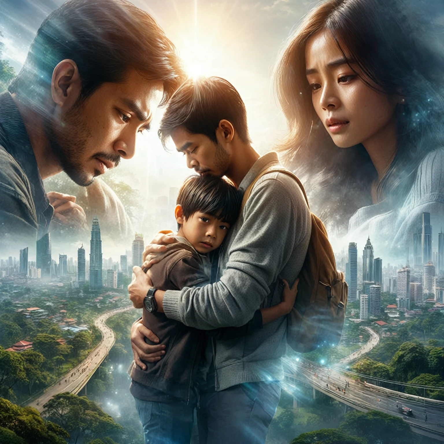 Indonesian romance film poster, about long distance love, close up shot of a man and a old boy walking in a park while hugging, in the background there is a woman with long hair crying trying to reach at of them, they are gaze at the camera, focus on faces, stunning depiction of a realism surreal film poster, Amazing abstract background with the shadow of a malay city, lens flare, fogging effect, photorealistic, realistic human, UHD 1536px, high quality photos.