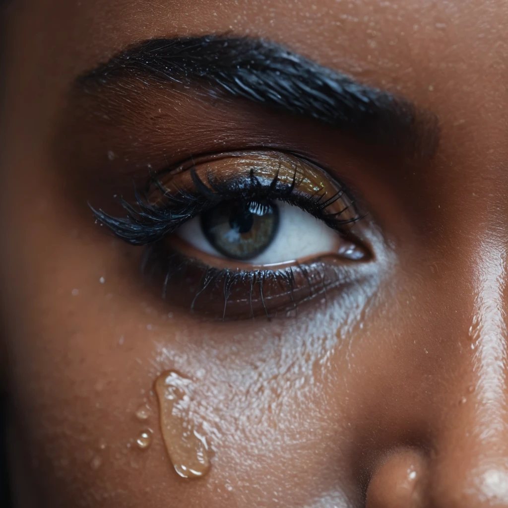 very zoomed in and close up on a beautiful depressed emotional girls eye and cheek, sad crying black girl with crying a single teardrop trail running down her face