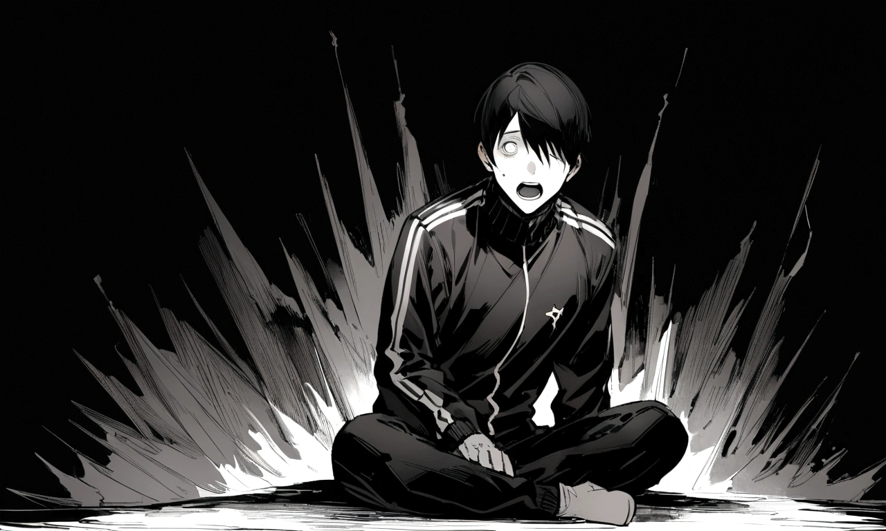 black and white drawing, black background, human, 26 year old male, black neat hair, black hair, a lonely face, wearing gray tracksuit, sit down, raise one&#39;s eyes, scream, shout, nier, Despair