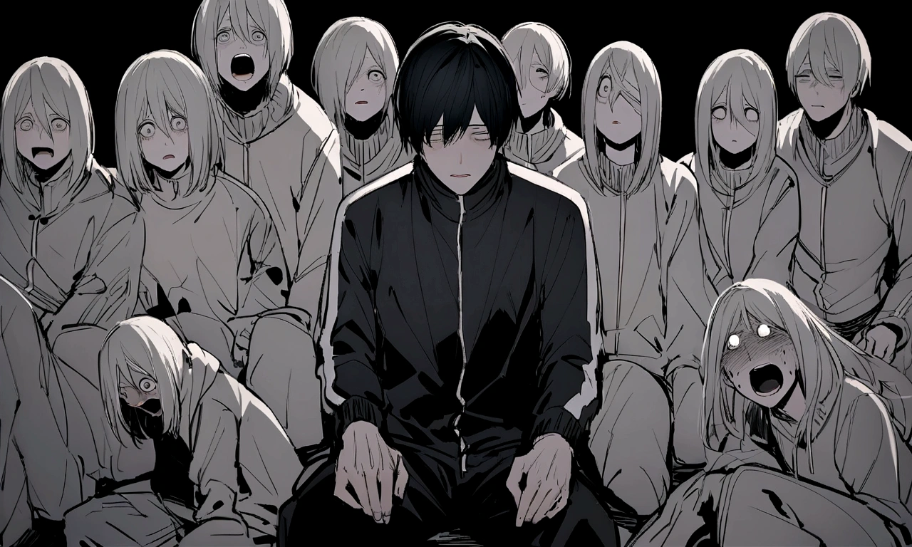 black and white drawing, black background, human, 26 year old male, black neat hair, black hair, a lonely face, wearing gray tracksuit, sit down, raise one's eyes, scream, shout, nier, Despair