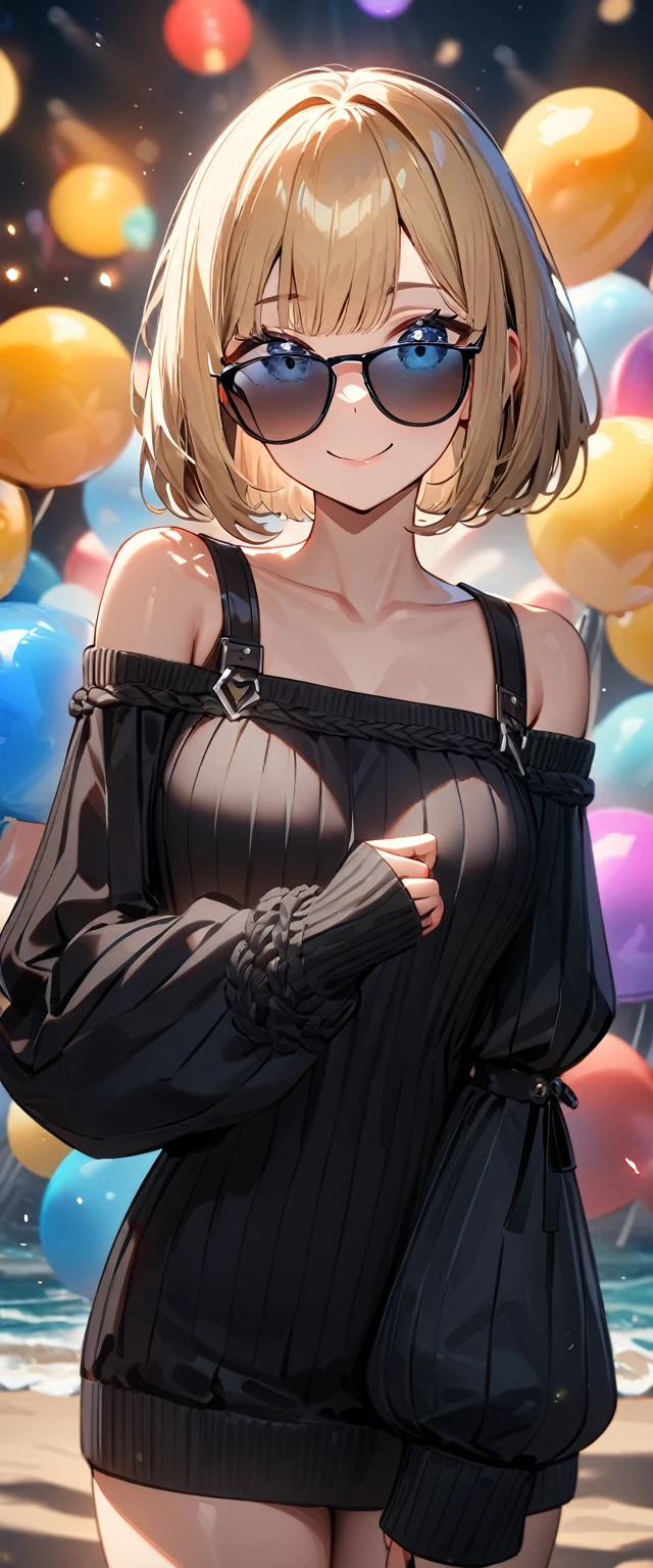 (((One girl))), ((beach)), noon, blond hair, ((sunglasses;1.5)), hand to sunglasses, ((bob cut:1.3)), breasts, from front, (cowboy shot), standard body, (looking at viewer), (((Balloon sleeve, sleeves past wrists:1.3))), ((black sweater)), ((off-shoulder knit sweater dress:1.3, Quite thick shoulder straps)), teenager, head tilt:1.3, (((blue eye))), ((happy smile)), anime style, (best quality, 4k, 8k, highres, masterpiece:1.2, ultra-detailed, ultra-detailed eyes, HDR, UHD, studio lighting, ultra-fine painting, sharp focus, physically-based rendering, extreme detail description, professional, vivid colors, bokeh), ((Highest quality, Best image quality, Ultra-high resolution, Ultra-high resolution, solo, Strong eye highlights)), Depth of written boundary, Natural soft light, attractive, Beautiful Face, Cleanliness, Pure Face, nedium chest, Beautiful Face, Perfect Fingers, Perfect hands, Perfect body, Perfect Face, Shine a light into your eyes, Perfect Anatomy