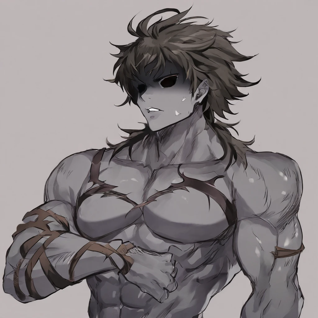 A DEMON, comely, gostoso, brawny, empty eyes, black eyes, Bblack hair, dark gray skin, gray black skin, darkened body, sore lips, simple background, foco no muka, muka.