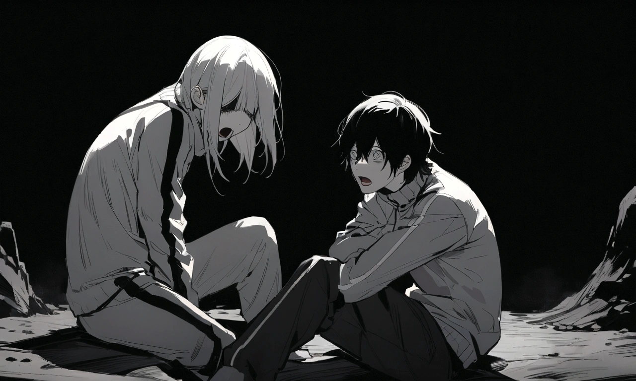 black and white drawing, black background, human, 26 year old male, black neat hair, black hair, a lonely face, wearing gray tracksuit, sit down, raise one&#39;s eyes, scream, shout, nier, Despair