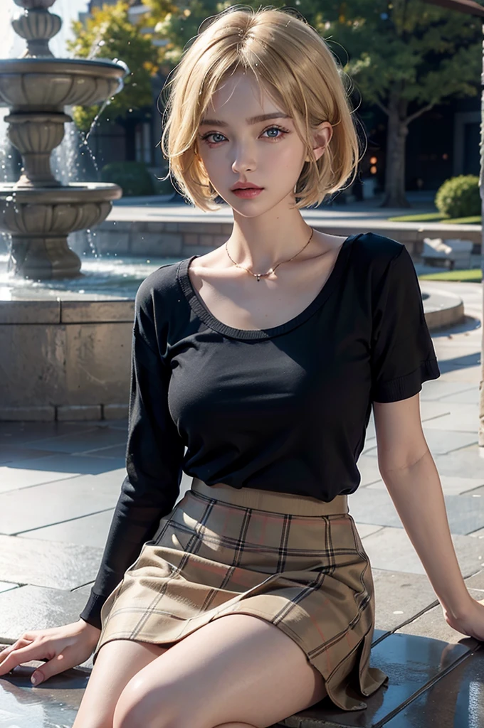 best quality, masterpiece, highres, award winning, super fine, 16k, incredibly absurdres, extremely, cute European Caucasian woman, beautiful woman, captivating look, aroused expression, blonde messy bob cut, single sidelock, wearing Burberry checked skirt, black tank top sweater with braided pattern, superlative body proportion, sitting in fountain plaza, detailed eyes, beautiful face, Octane Render, shallow depth of field