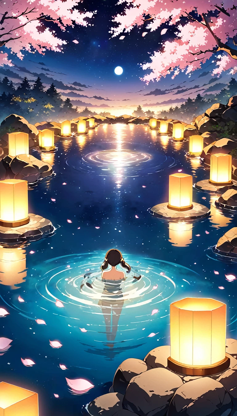 hot spring, mist, rocks, cherry blossoms, glittery mist, moonlight, sky, lots of stars in the sky, water reflections of the night sky, floating lanterns a above the water, flower petals in the water, moon in the sky, Anime art style