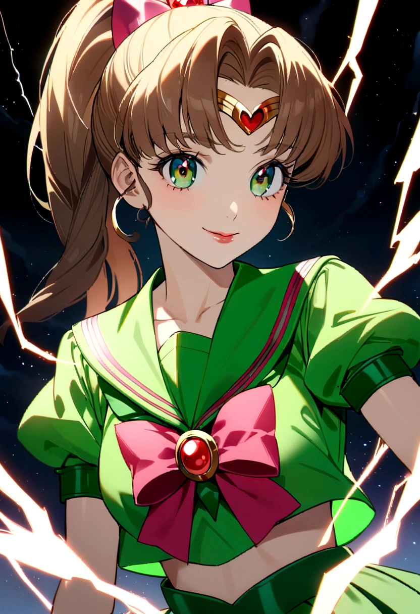 (In 8K、Highest quality、masterpiece:1.2)、One woman、(A cheerful smile:1.1)、Beautiful Eyes、Upper body、whole body,Like a boy、Lightning Scene、bishoujo senshi sailor moon, anime「Sailor Moon」, Sailor Jupiter,  Elegant and delicate eyes, 4K,Long eyelashes, Beautiful lip detail, Graceful pose, Vibrant colors, Soft and dreamy, Magical Girl Fantasy,A fantastic view of lightning,Brown Hair,ponytail,Green sailor suit