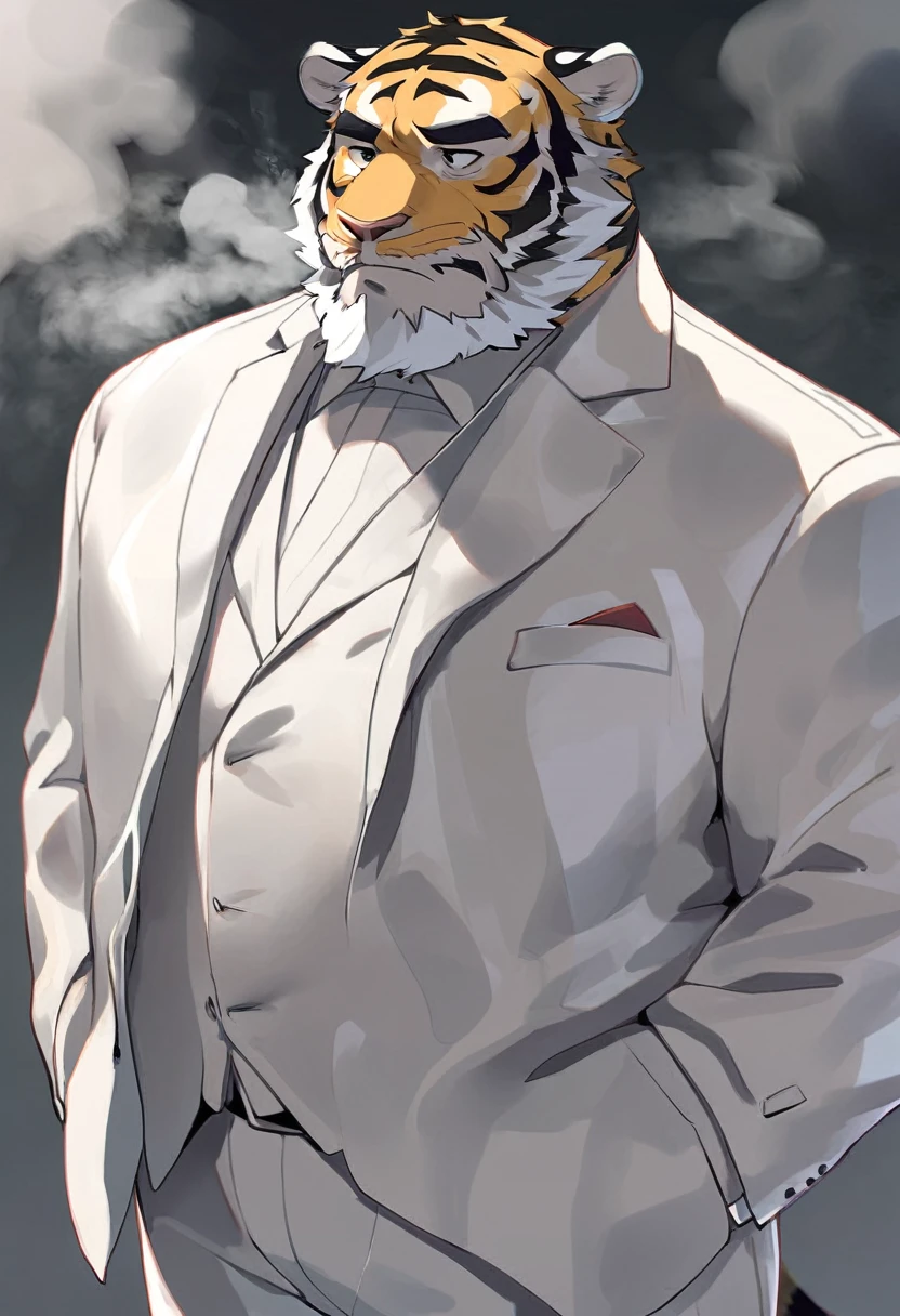 Tiger,personification,Mature male,Bad Uncle,beard,Cold expression,Black pupil,Black eyebrows,White suit suit,Hands in pockets,The Age of Steam。