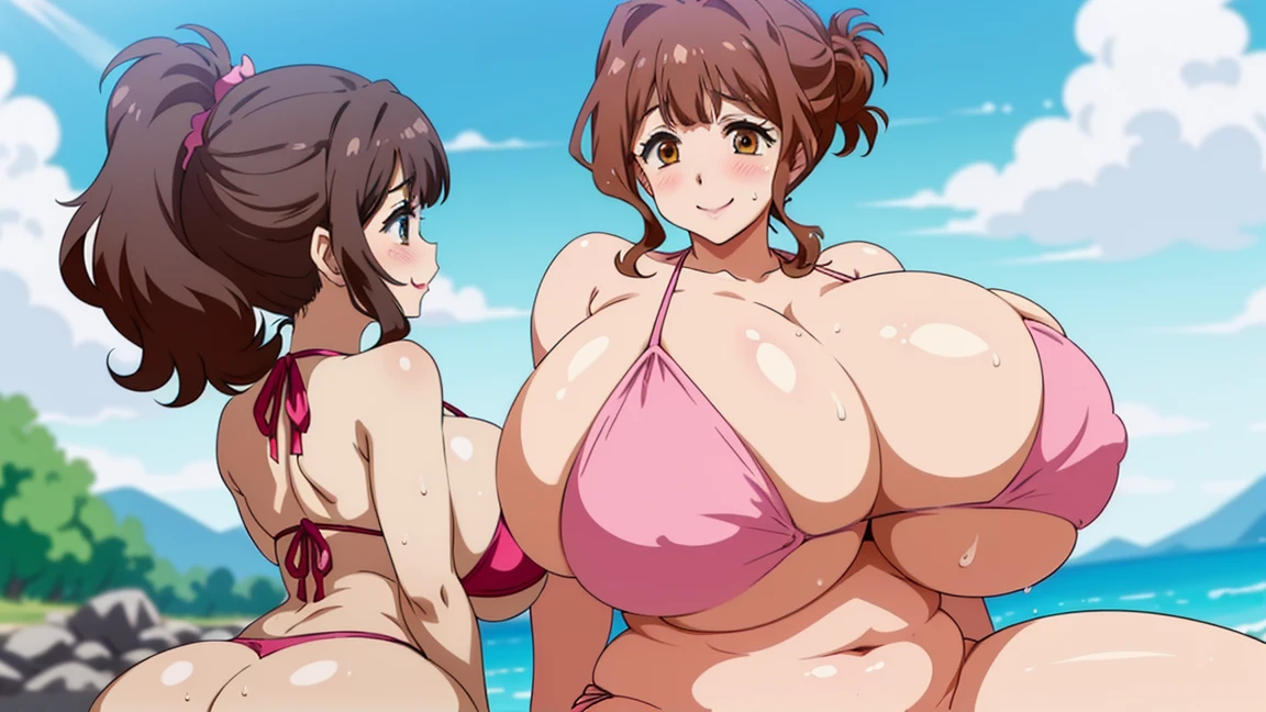 (from behind,hip focus,sitting:1.3),anime,anime style,high resolution、high quality、masterpiece、4k,8k,POV,(torino_kazami,mature female,(gigantic breasts:1.4),(plump:1.1),brown hair,brown eyes,updo,lipsticks,wide hips,thick thights),(pink bikini:1.4),(happy smile),(sea:1.2),(wet,sweat),skindentation, cleavage,bursting breasts,(sagging breasts:1.4),(blush:1.2),(smirk.sexy,erotic:1.1)