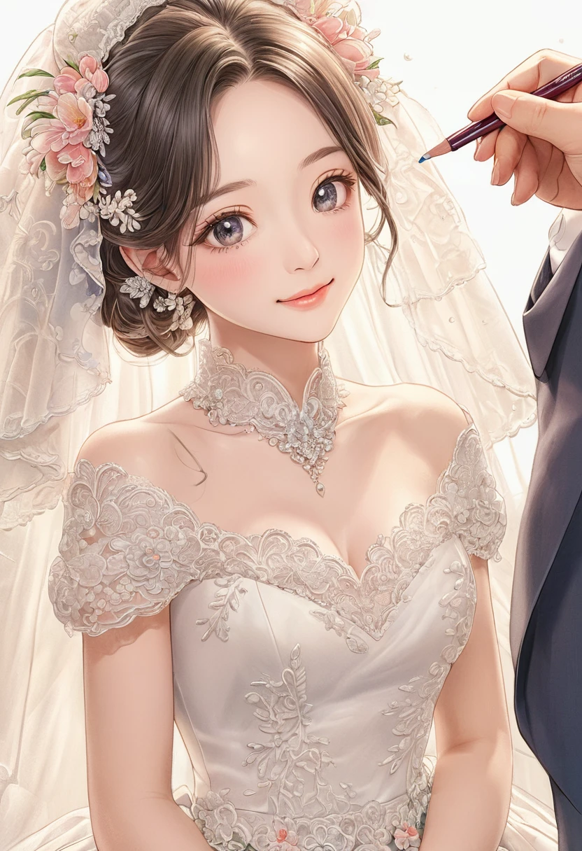 BREAK Perfect Anatomy、(High resolution:1.2)、Incredible illustrations、color pencil drawing,(Cute illustrations:1.2)、(Beautiful background)Bride receiving a rice shower (pencil drawing)
