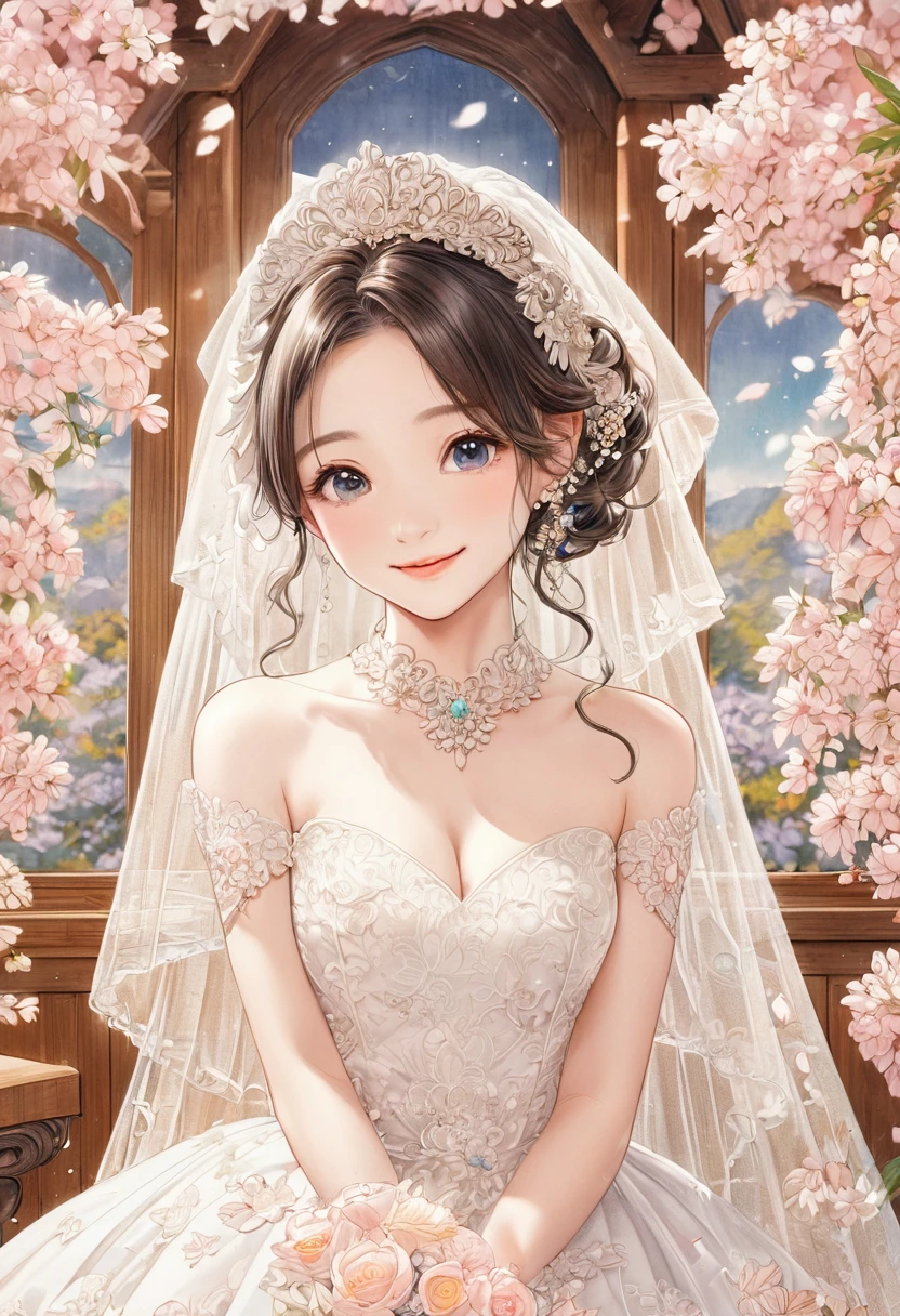 BREAK Perfect Anatomy、(High resolution:1.2)、Incredible illustrations、color pencil drawing,(Cute illustrations:1.2)、（Beautiful background）Bride receiving a rice shower　(pencil drawing)