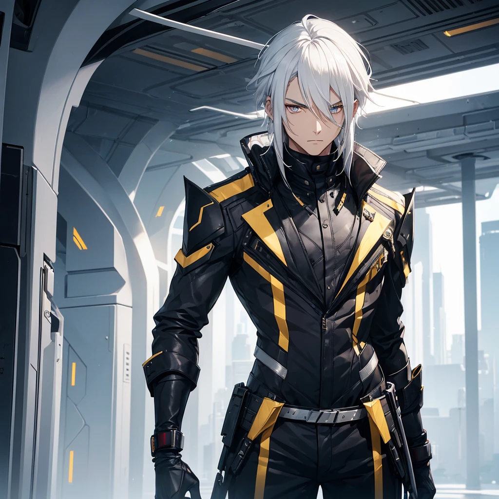 man with white hair, golden eyes, black clothes and futuristic scenery. he has a cold and manipulative face