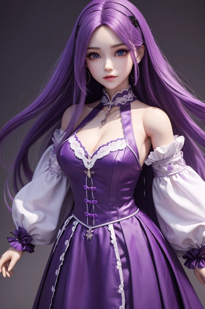 3D doll with purple skin, purple clothes and long purple hair 
