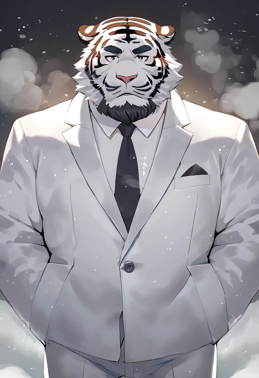 Tiger，personification，Mature male，Bad Uncle，beard，Cold expression，Black pupil，Black eyebrows，White suit suit，Hands in pockets，The Age of Steam，Light Snow。