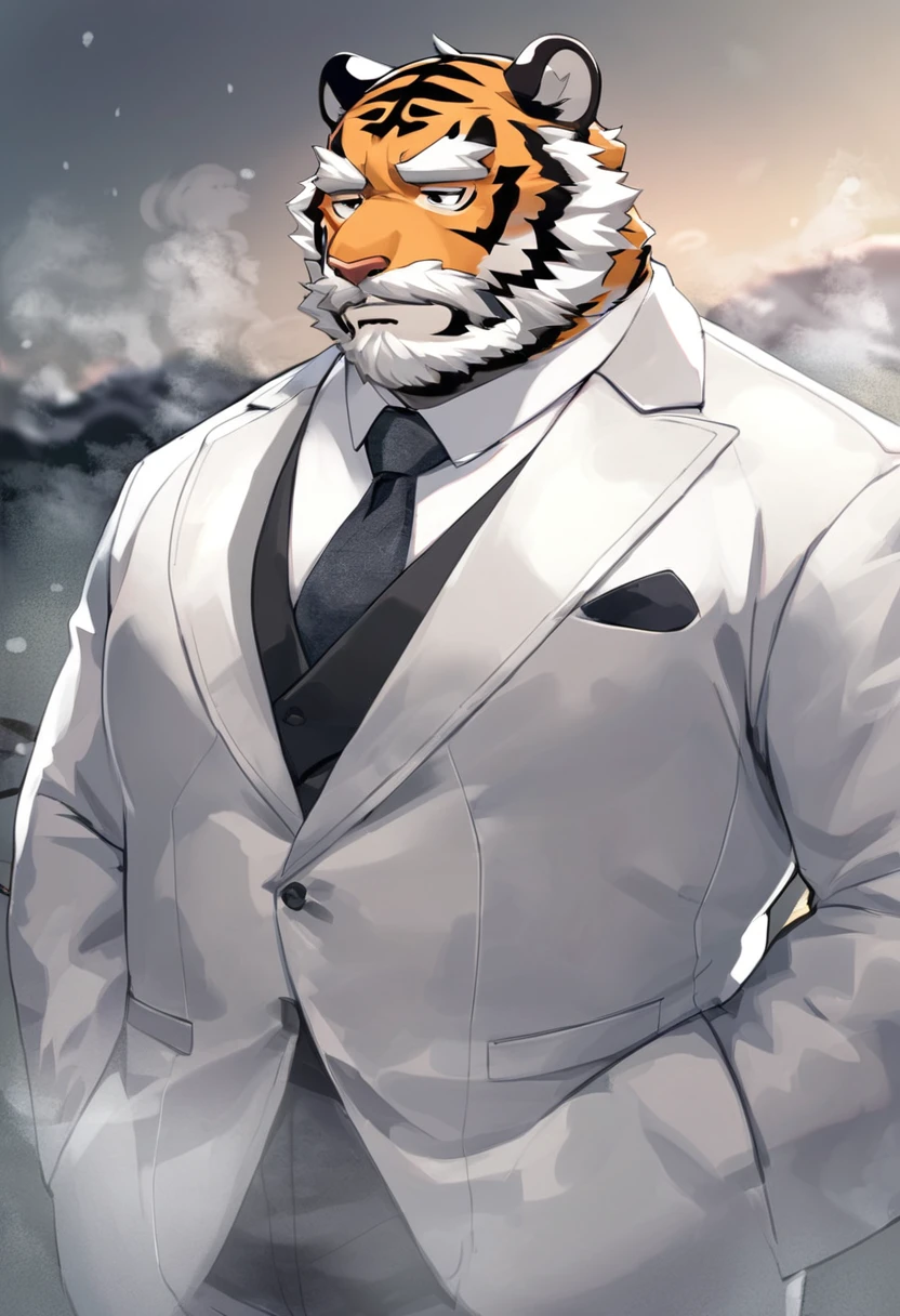 Tiger，personification，Mature male，Bad Uncle，beard，Cold expression，Black pupil，Black eyebrows，White suit suit，Hands in pockets，The Age of Steam，Light Snow。