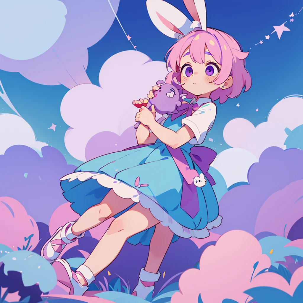 A cute little , 5 years old, wee, with short white hair, with pink highlights, big and purple eyes, blue dress and bunny ears