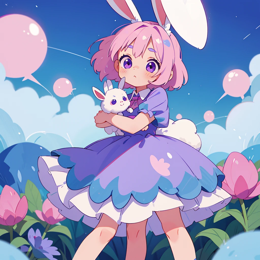 A cute little , , wee, with short white hair, with pink highlights, big and purple eyes, blue dress and bunny ears