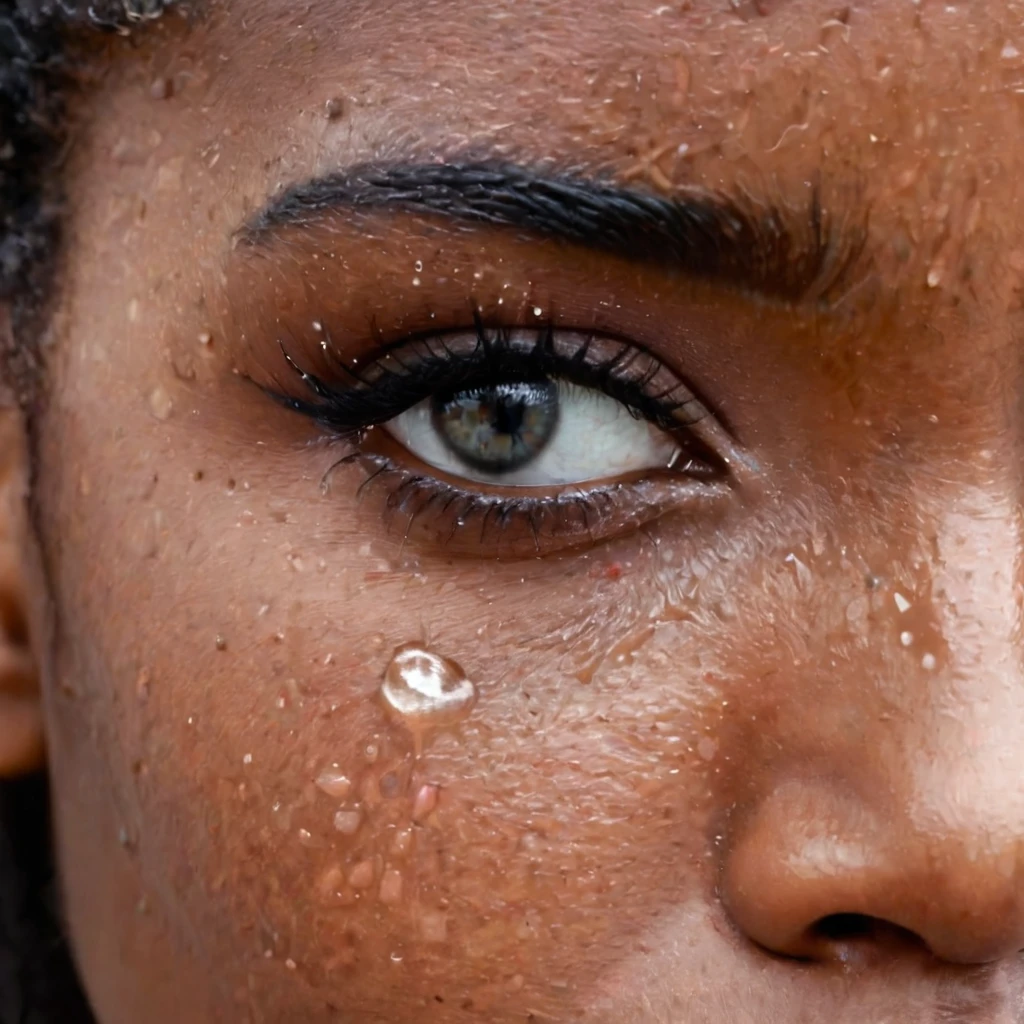 very zoomed in and close up on a beautiful depressed emotional girls eye and cheek, sad crying black girl with crying a single teardrop trail running down her face