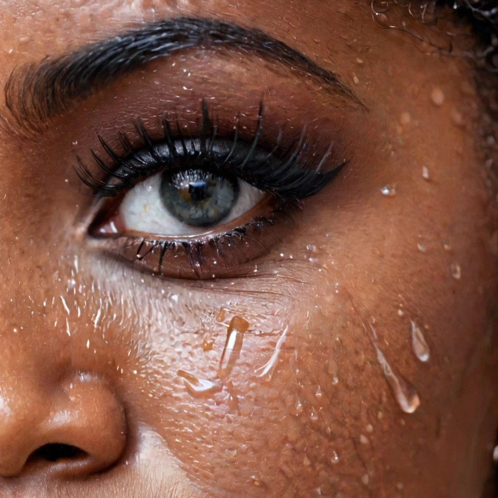 very zoomed in and close up on a beautiful depressed emotional girls eye and cheek, sad crying black girl with crying a single teardrop trail running down her face