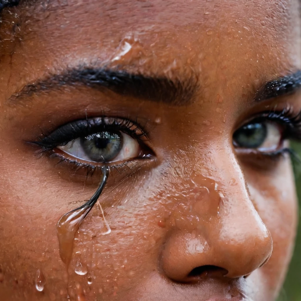 very zoomed in and close up on a beautiful depressed emotional girls eye and cheek, sad crying black girl with crying a single teardrop trail running down her face