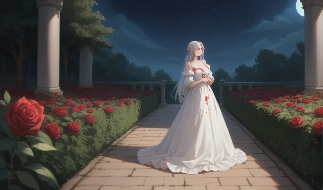 A woman dressed in white in a blood rose garden on a starry night 