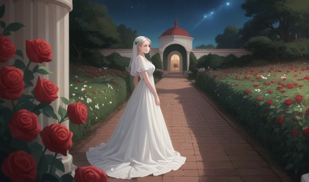 A woman dressed in white in a blood rose garden on a starry night 