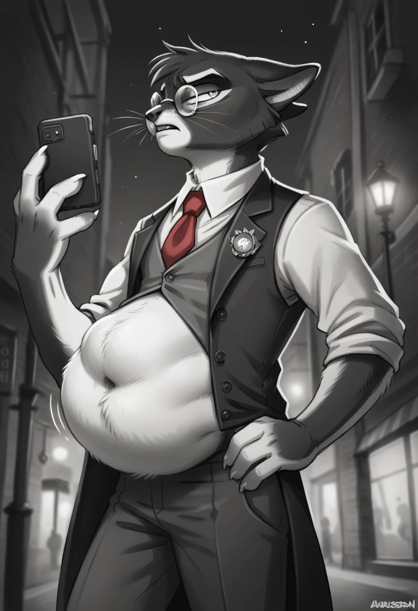 mordecai heller, solo, green sclera, walking in an alleyway, night time, detailed paw hands, ((detailed face, (detailed eyes), by zackarry911, by zaush, (by personalami:0.5), solo, looking away from the viewer, 1boy, male focus, red necktie, glasses, coat, hand on hip, hand holding phone on a call, formal, from below, glasses, suit, grey suit vest, necktie, ((flatcolor)), vore, large vore stomach, person inside of the vore stomach is struggling, black and white fur, white fluffy belly, gurgling belly effect, perfect proportions