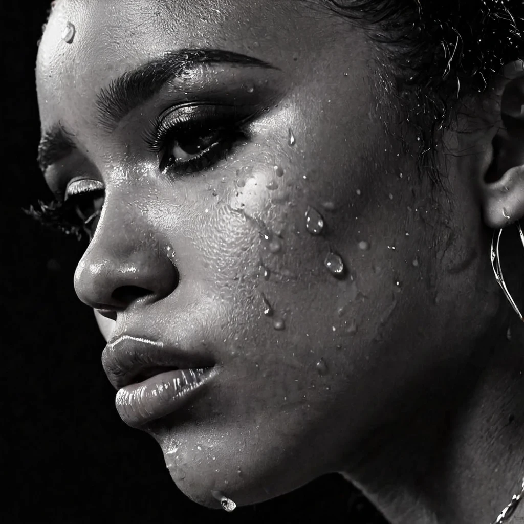 close up and zoomed in on a beautiful depressed emotional sad crying black girl with crying a single teardrop trail running down her face and a black background, sad, depressed, emotional, close up on side profile only showing cheek and eyelight falling on face, noir photorealism, mysterious portrait of a woman, chiaroscuro portrait, close up on side profile, tinashe, zoe kravitz, zoomed in on tear drop, euphoria vibes, tears, crying, black and white, dark