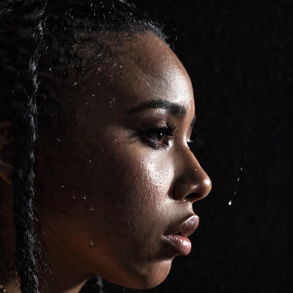 close up and zoomed in on a beautiful depressed emotional sad crying black girl with crying a single teardrop trail running down her face and a black background, sad, depressed, emotional, close up on side profile only showing cheek and eyelight falling on face, noir photorealism, mysterious portrait of a woman, chiaroscuro portrait, close up on side profile, tinashe, zoe kravitz, zoomed in on tear drop, euphoria vibes, tears, crying, black and white, dark