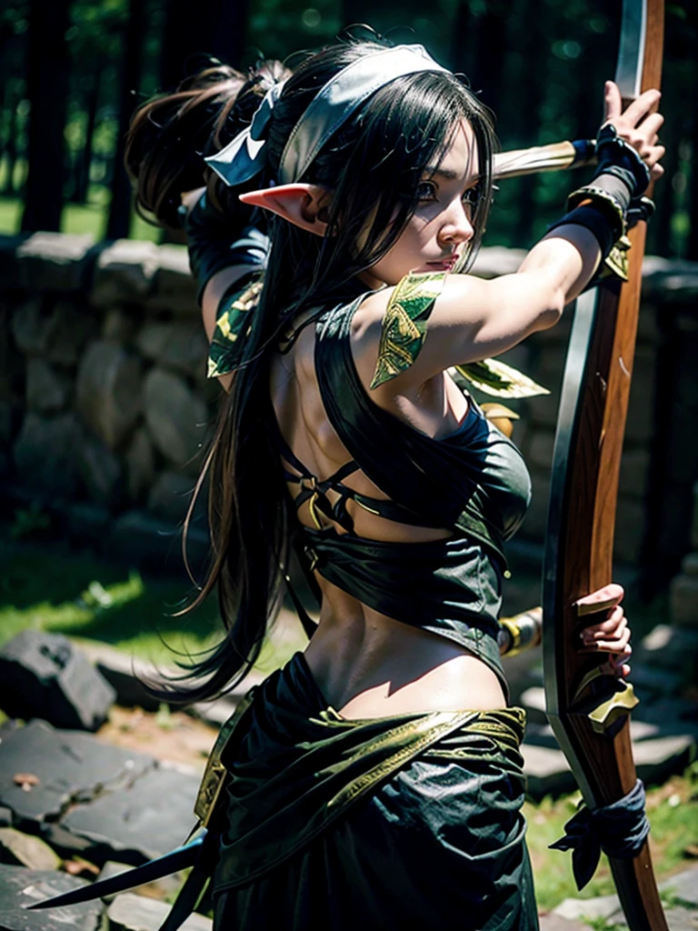 Reslistis photo, hyper detailed, 4D fantasy woman with a cat body with 2 long tails wearing samurai's women's clothing with armor, has a quiver on her back, pulling a long bow that glows green with a flow of mystical energy, a burning forest in the  background and human troops fighting in Gusoku armor, 8k, highly detailed,