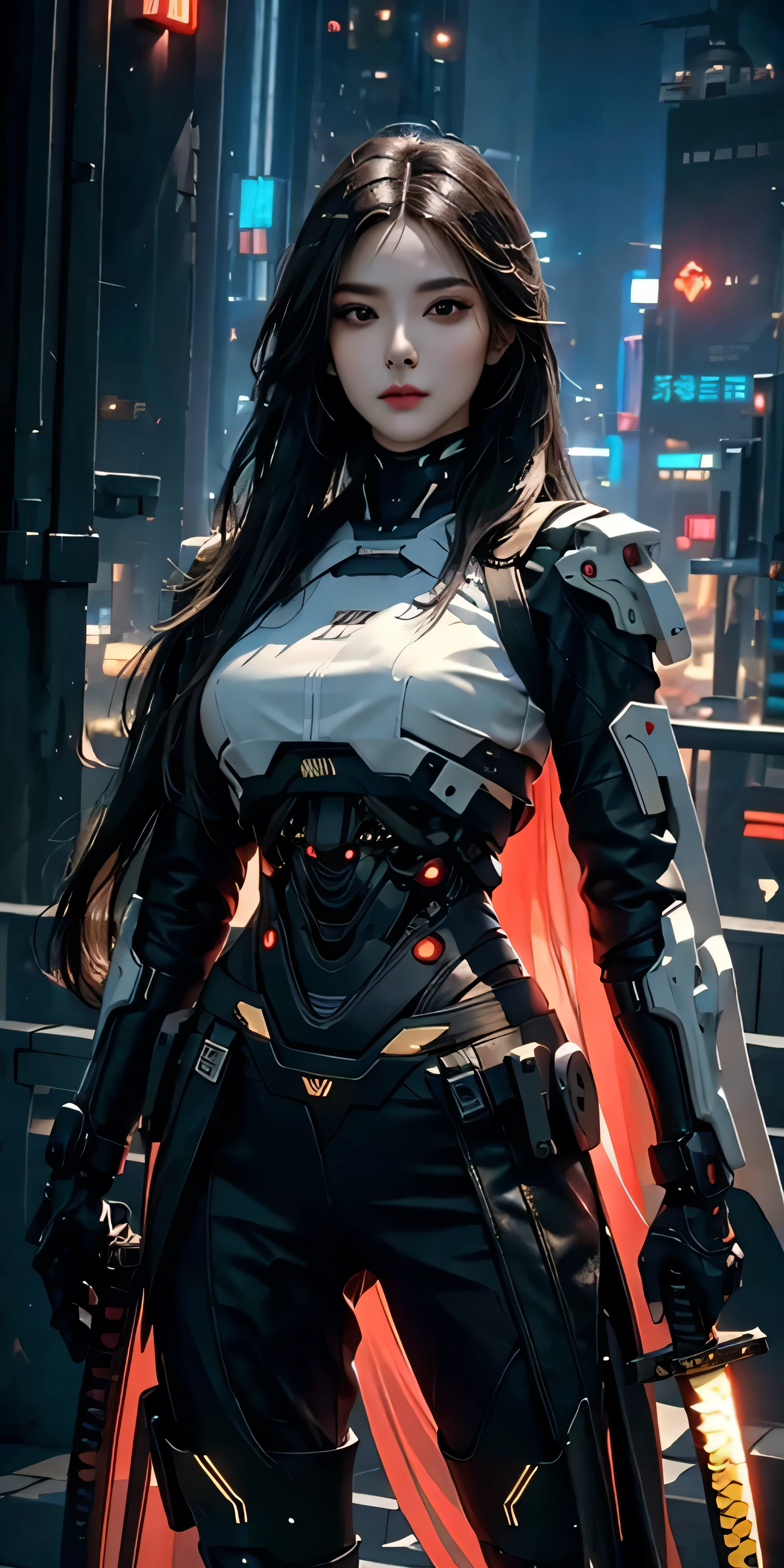 photorealistic, high resolution, soft light,1women, solo, hips up, (detailed face), long hair, cybersamurai, cyborg, cyberpunk,  cyber armor, holding weapon,glowing,katana, city at night
