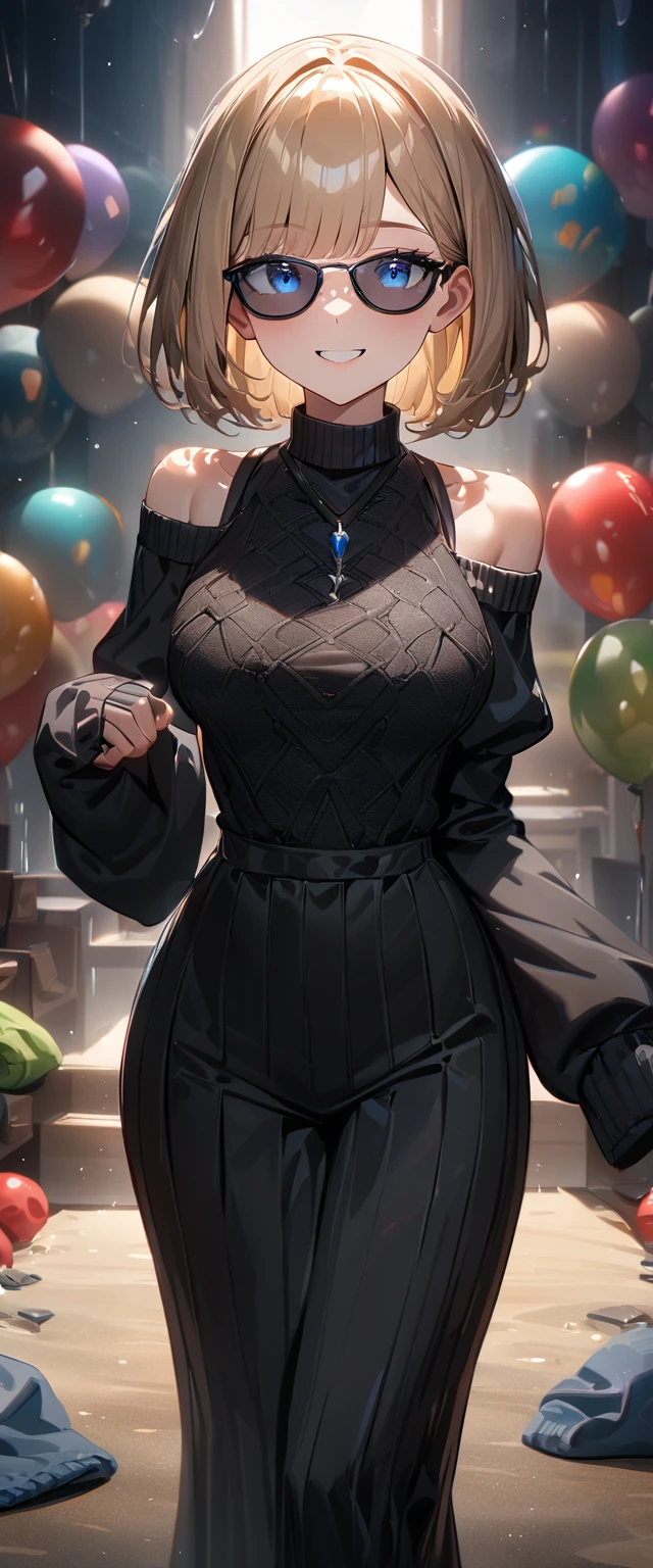 (((One girl))), ((beach)), noon, blond hair, ((sunglasses)), hand to sunglasses, ((bob cut:1.3)), breasts, from front, (cowboy shot), standard body, (looking at viewer), (((Balloon sleeve, sleeves past wrists:1.3))), ((black sweater)), ((off-shoulder knit sweater dress:1.3, Quite thick shoulder straps)), teenager, head tilt:1.3, (((blue eye))), ((happy smile)), anime style, (best quality, 4k, 8k, highres, masterpiece:1.2, ultra-detailed, ultra-detailed eyes, HDR, UHD, studio lighting, ultra-fine painting, sharp focus, physically-based rendering, extreme detail description, professional, vivid colors, bokeh), ((Highest quality, Best image quality, Ultra-high resolution, Ultra-high resolution, solo, Strong eye highlights)), Depth of written boundary, Natural soft light, attractive, Beautiful Face, Cleanliness, Pure Face, nedium chest, Beautiful Face, Perfect Fingers, Perfect hands, Perfect body, Perfect Face, Shine a light into your eyes, Perfect Anatomy