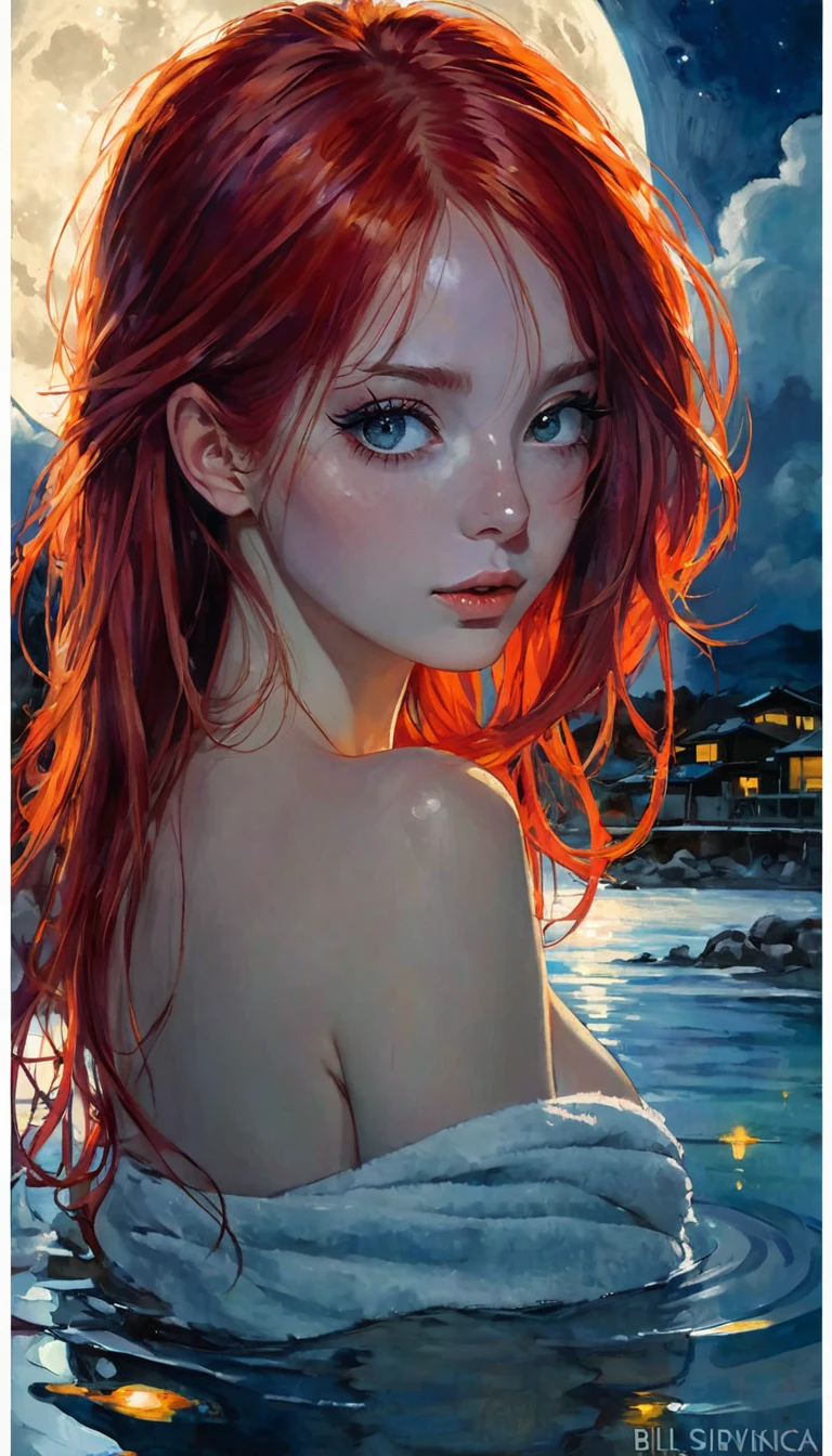 Beautiful Caucasian female, 35 years old, topless, perfect body, perfect round boobs, small nipples, lying down on the sea, blue eyes, red hair, ponytail hair, nude, red pubic hair, big pussy, on the beach, wet hair , (add_detail :1), Contra-Plongée camera, tilted horizon, sunset, soft light, topless