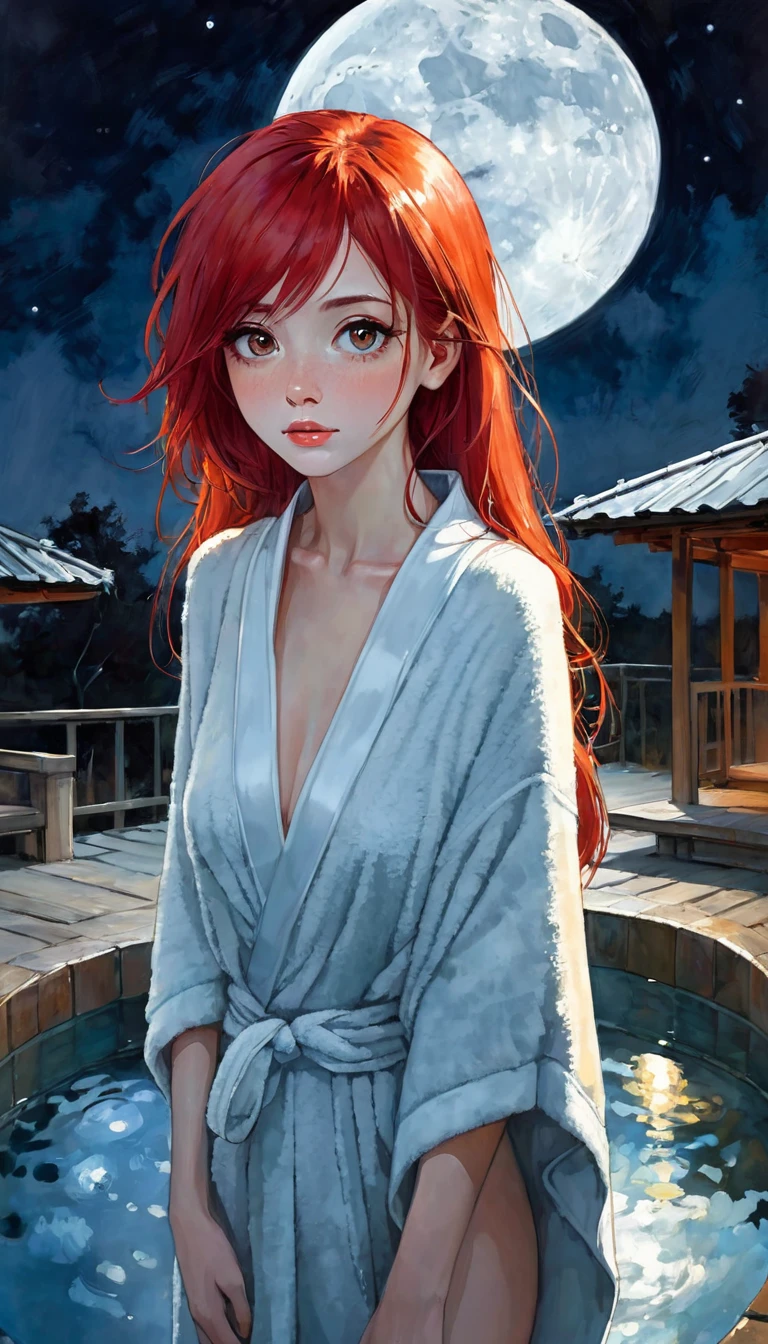 ,(((wrapping_bath_towel))),moonlight,stary_sky,onsen,night,steam,moon,red_hair,beautiful_hair,1_beautiful_girl,cute_face,beautiful,best_quality,good_anatomy, (art inspired by Bill Sienkiewicz). oil painting)