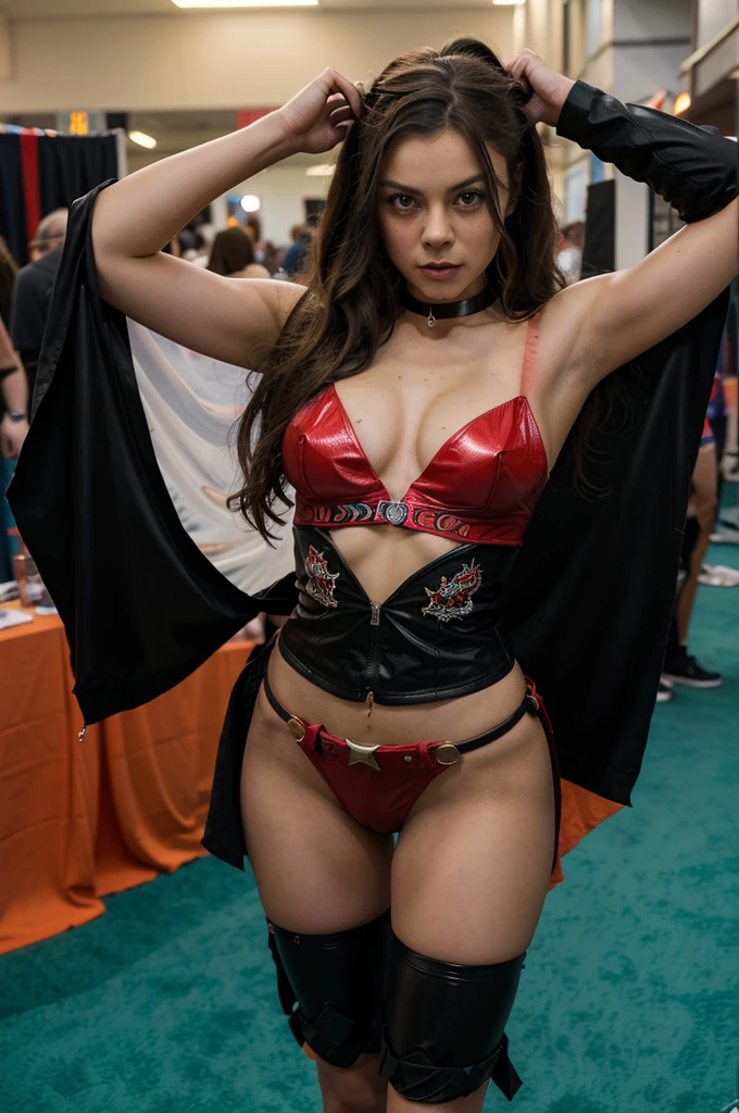 Hyper-realistic full-body-shot photo. young ager dark-brunette Mila Kunis with the hyper-longest curly hair ever dressed in a random hairstyle. She is cosplaying Harley Quinn (from the first Suicide Squad movie), inside a geek convention hall. The costume is hyper-sexy and tight. Hyper-realistic face and body. Hyper-intricate details in the hair. 8K, HDR quality.