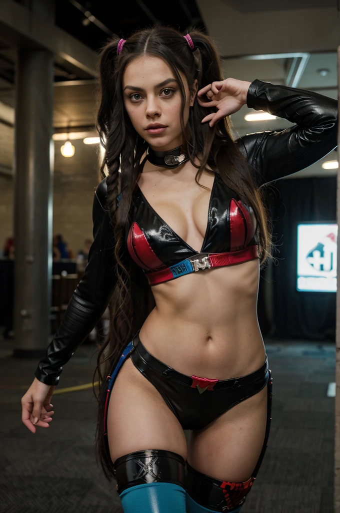Hyper-realistic full-body-shot photo. young teenager dark-brunette Mila Kunis with the hyper-longest curly hair ever dressed in a random hairstyle. She is cosplaying Harley Quinn (from the first Suicide Squad movie), inside a geek convention hall. The costume is hyper-sexy and tight. Hyper-realistic face and body. Hyper-intricate details in the hair. 8K, HDR quality.